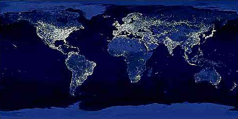 This image 
of Earth's city lights was created with data from the Defense 
Meteorological Satellite Program (DMSP) Operational Linescan System 
(OLS) Originally designed to view clouds by moonlight. The OLS is 
also used to map the locations of permanent lights on the Earth's 
surface.